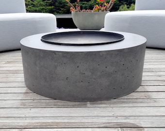 Round concrete fire pit, charcoal and black fire pit. Large, unique, custom handmade real concrete fire pit with metal bowl.