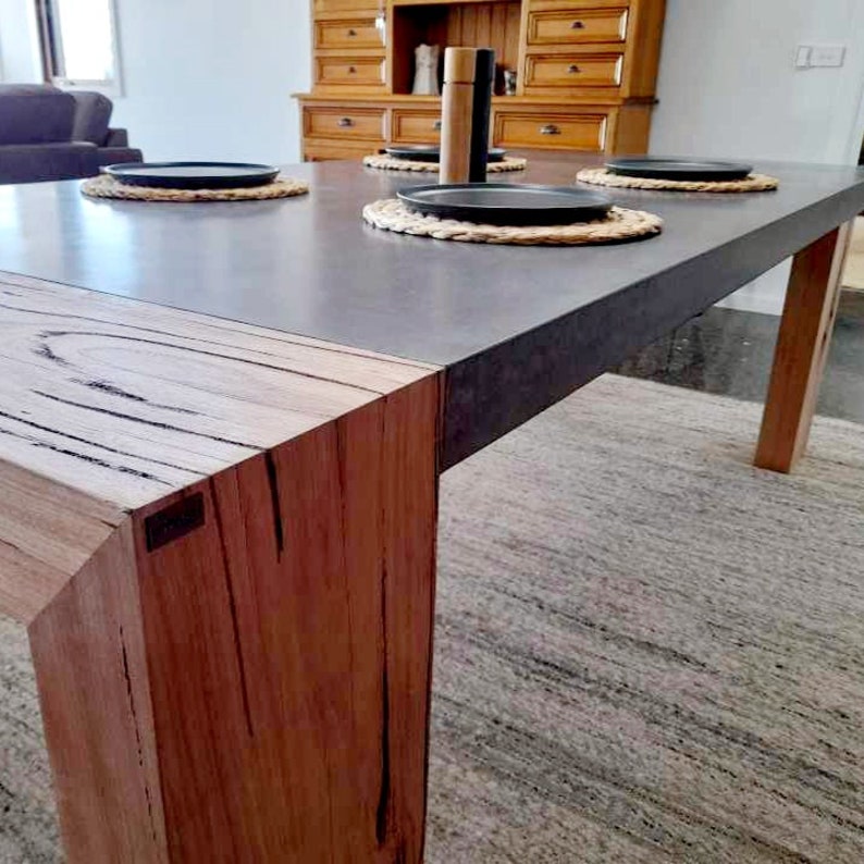 Concrete Dining Table 4 Post Base Hardwood Loop Feature Inlay 8 to 10