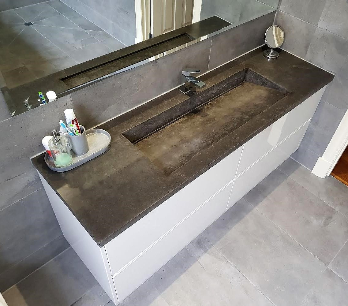 Concrete Charcoal Vanity With Integrated Sink, Vinyl Wrap Cabinetry ...