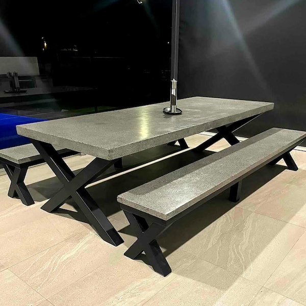 Handmade Concrete Dining Table, Black Steel Base, Outdoor 10-seater table