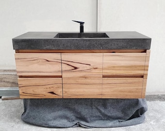 1.2m custom concrete vanity. Handmade hardwood bathroom or ensuite vanity complete with timber cabinetry with 4 drawers