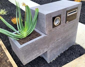 Concrete letterbox, custom 3 piece unique handmade letterbox with floating planter box, bespoke handmade furniture.