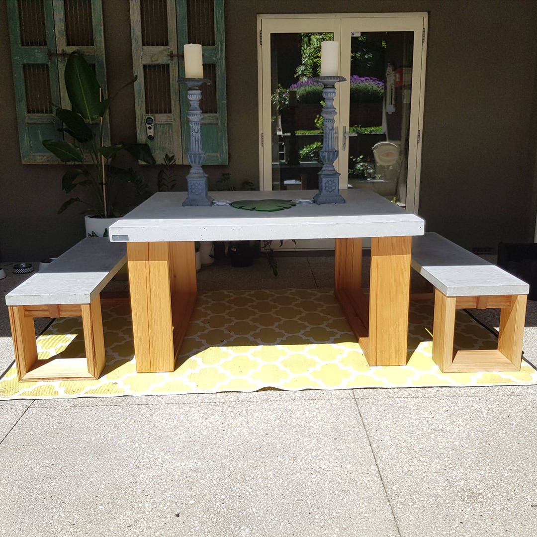 Handmade Square Concrete Dining Table, Timber Base, Outdoor Patio Table ...