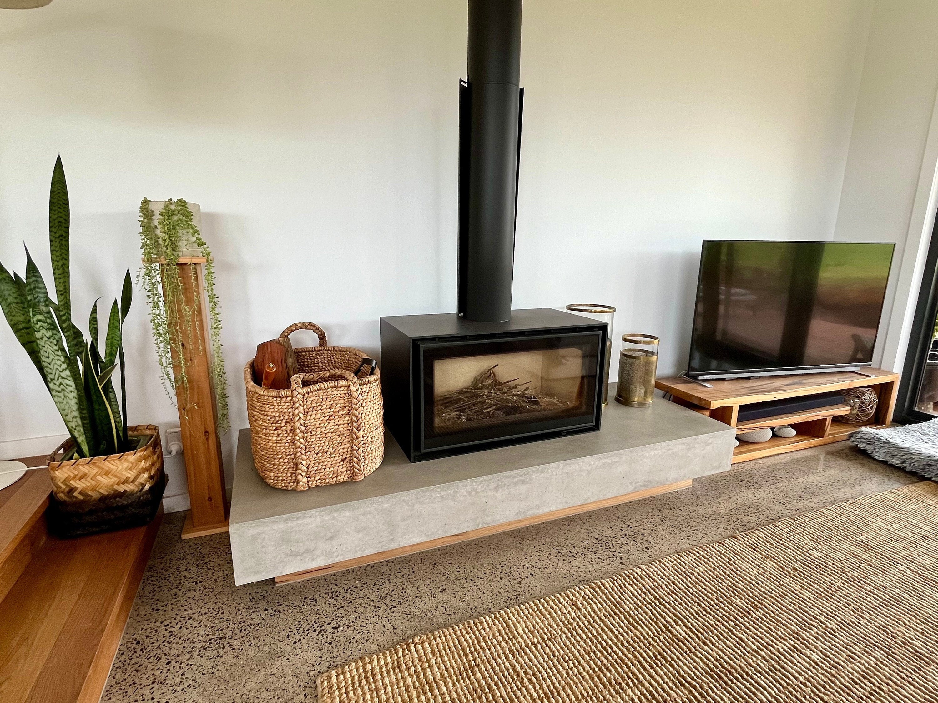 Custom Concrete Hearth Bench With Vic Ash Hardwood Base, Fire