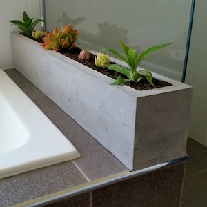 Polished concrete planter; large rectangular 1m succulent or herb garden planter for a kitchen window sill or bathroom.
