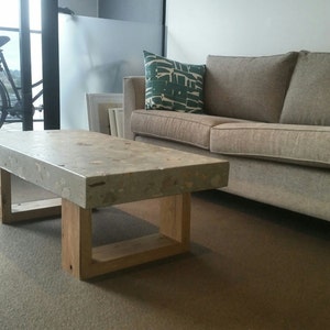 Polished concrete grey coffee table 1.2 x 600mm, Vic Ash hardwood loop end base. image 3