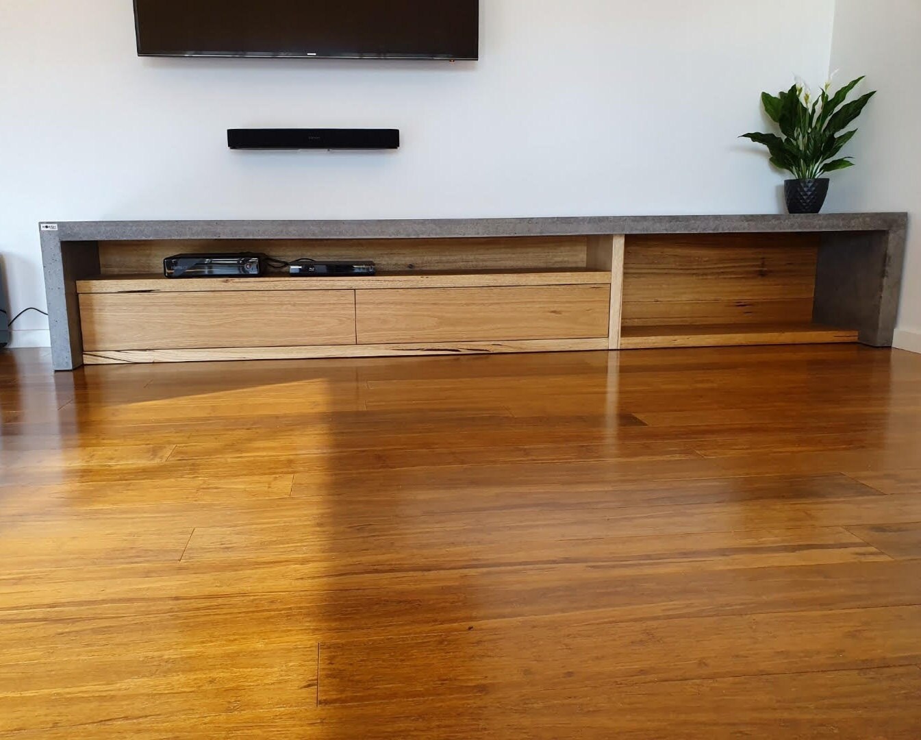 3m Modern Hardwood and Concrete TV Unit Bespoke Handcrafted
