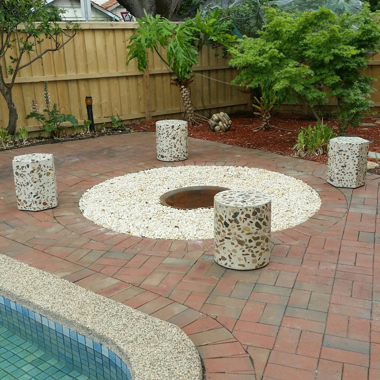 4 Piece Set of Fire Pit Seating. Polished Concrete Solid Outdoor