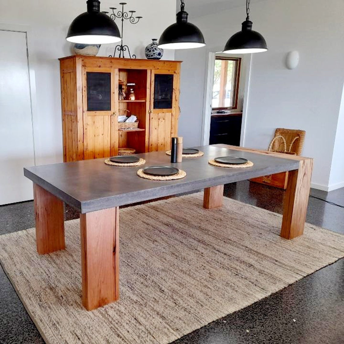 Concrete Dining Table 4 Post Base Hardwood Loop Feature Inlay - Etsy ...