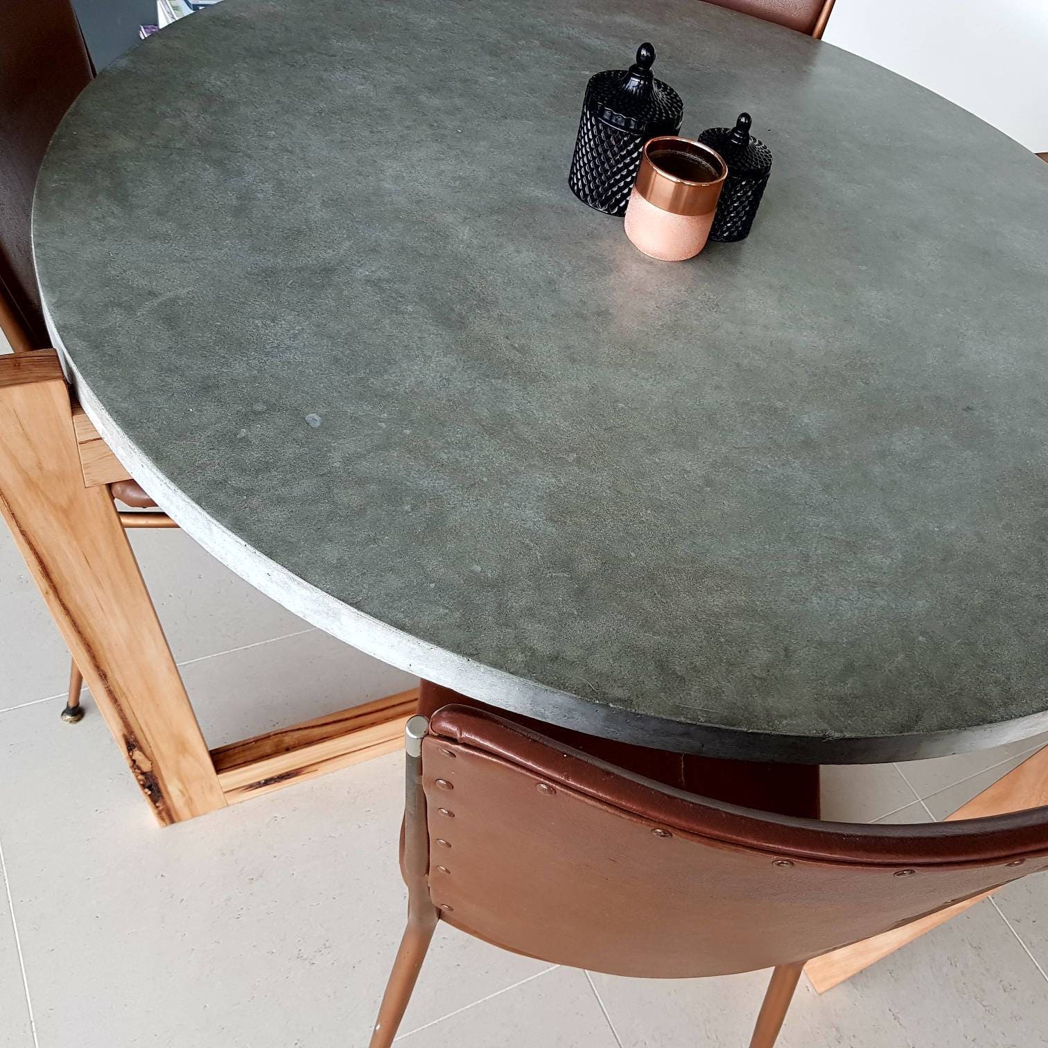 Round concrete dining table with unique custom timber base Etsy