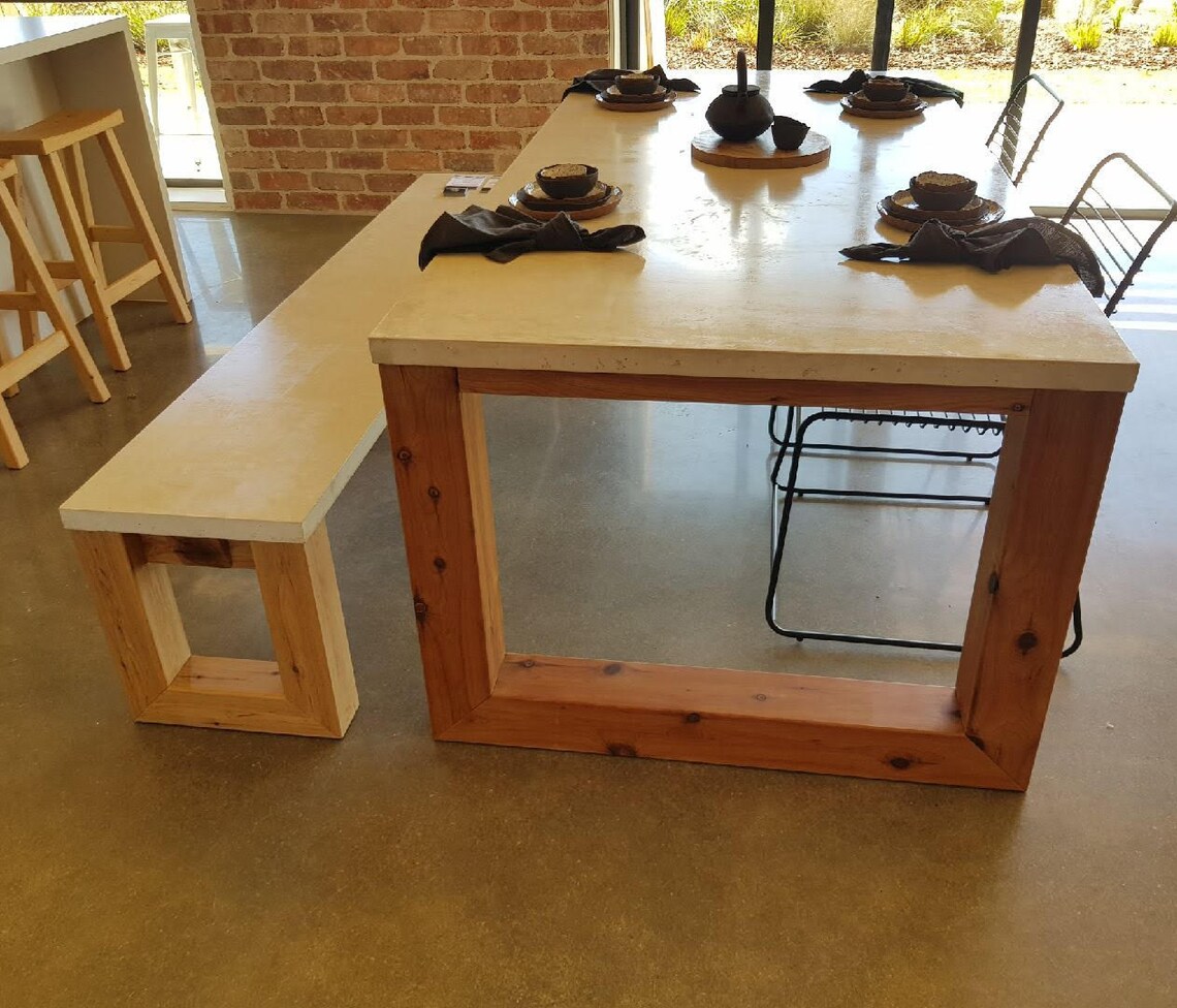 White Concrete Dining Table With Timber Loop End Base. 2.1m Etsy