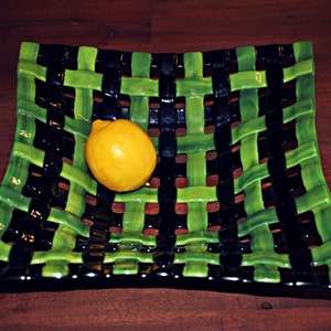 Woven fused glass bowl, fused glass plate, green and blue, home decor, fruit bowl, keychain holder, sauce dish