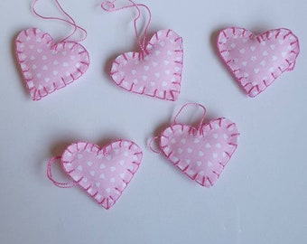 Handgemaakt miniroze stoffen hartornament, set van 5"