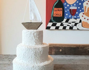 Velero de madera flotante, barco de madera, decoración náutica, recuerdo de barco, regalo náutico, adorno para pastel de barco pequeño, velero de vela blanca, regalo para marinero