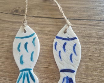 Witte porseleinen vis, witte vis, witte hangende vis, oceaandecoratie, zeeornament,