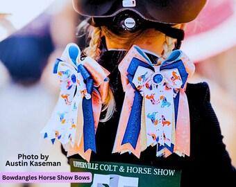 Glittery Horse Show Bows in Peach, Gold, Royal Blue Sparkle Gem, Beautiful Bows for Leadline or Pony Girls, Bowdangles Horse Show Bows