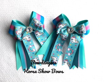 Read2Mail Small Unicorn Bows 4 Shows/Teal Green Bows/Sparkle Gem/Bowdangles Horse Show Bows/Ready2Mail