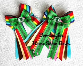 Colorful Show Bows for St. Patrick's Day and Year-round, Horse Show Bows, Green Glitter Bows, Sparkle Gem, Bowdangles Show Bows