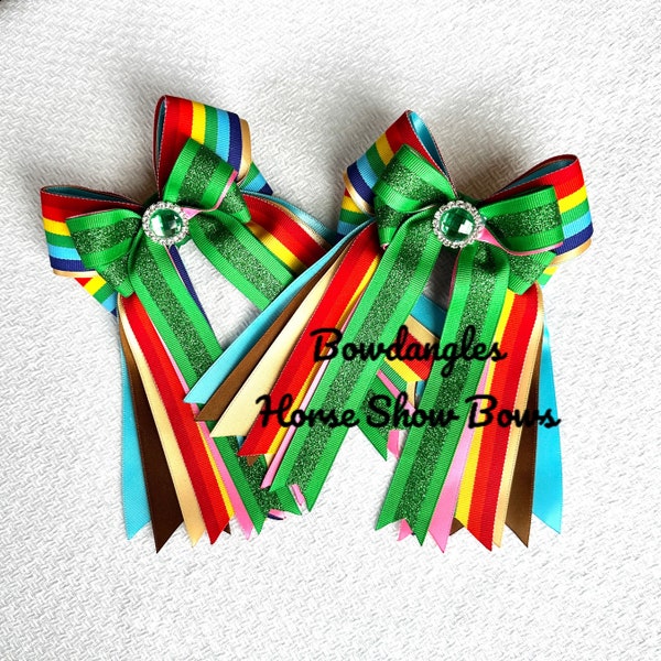 Colorful Show Bows for St. Patrick's Day and Year-round, Horse Show Bows, Green Glitter Bows, Sparkle Gem, Bowdangles Show Bows