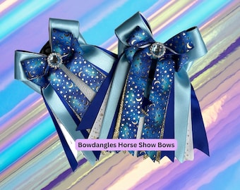 Equestrian Bows, Beautiful Glittery Blue and Purple Bows, Gold Moon and Stars Bows with Charm Option, Bowdangles Horse Show Bows