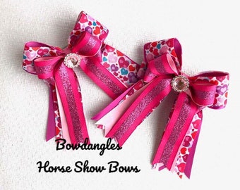 Small Horse Show Bows, Valentine Hearts, Pink Purple sparkle gem/Bowdangles Horse Show Bows