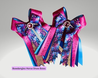 Equestrian Bows, Beautiful Glittery Blue and Purple Bows, Gold Moon and Stars Bows with Charm Option, Bowdangles Horse Show Bows