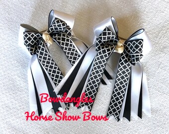 Equestrian Hair Bows/white black gold bows/classic bows/Bowdangles Horse Show Bows