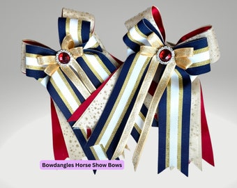 Best Gift -- Equestrian Show Bows, sparkle glitter bows, Maroon, Navy, Gold, Eye-catching Bowdangles Horse Show Bows