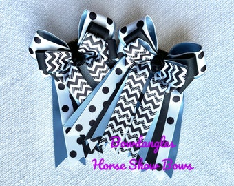 Stunning Eye-Catching Bows for girls at Horse Shows, Dramatic Black White Blue, Beautiful Chevron/Bowdangles Show Bows