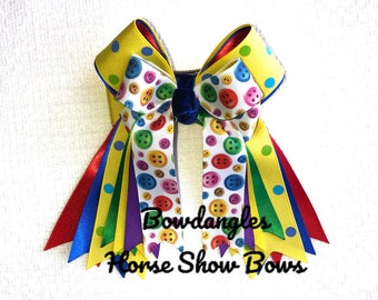 Ready2Mail Small Shorty Yellow Bows with multi-color buttons, bright eye-catching bows, Bowdangles Horse Show Bows