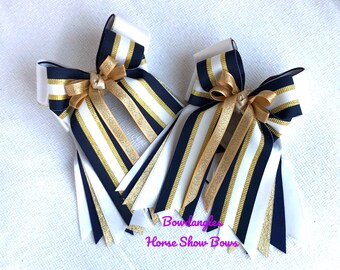 Elegant equestrian bows/beautiful navy blue, white and gold hair bows/gold glitter/eye-catching bows/Bowdangles Horse Show Bows/Ready2Mail