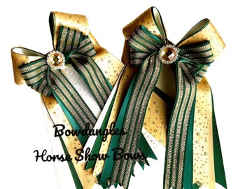 Sparkly Equestrian Bows, Hunter Green and Gold Glitter, Eye-Catching Bows for Hunter Green Jacket, Bowdangles Show Bows,