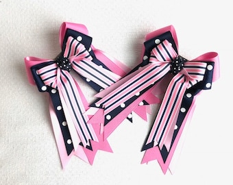 Horse Show Bows/Classic Navy Blue Pink Equestrian Clothing/Eye-catching bows by Bowdangles Show Bows/Ready2Mail