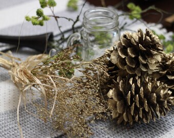 pine cones, gold Baby Breath, Gold Pine Cones
