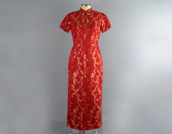 Vintage 50s Silk Cheongsam / Chinese Red Silk Cheo