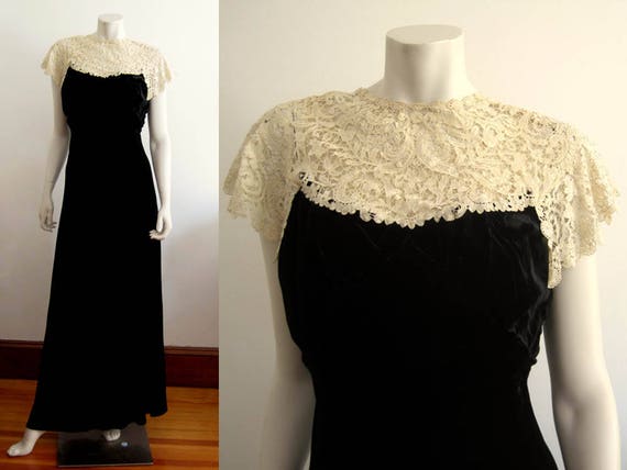 1930s Dress / 30s Liquid Silk Velvet Black Gown /