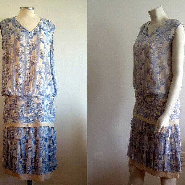 1920s Dress / 20s Blue Ivory Novely Print / SM