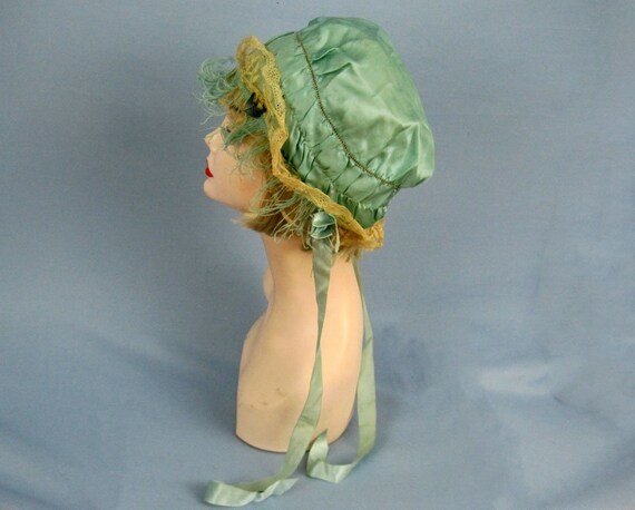 1920s Boudoir Cap / 20s Green Silk Boudoir Cap / S