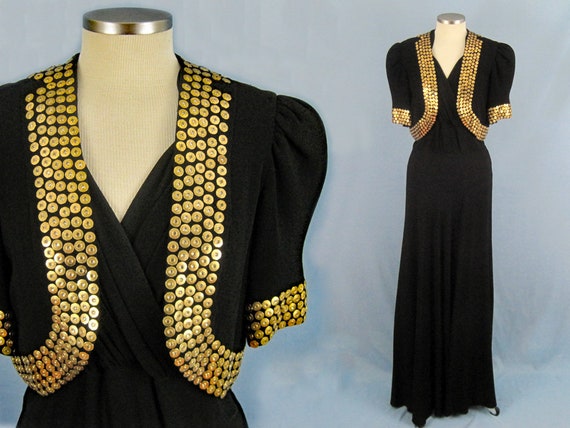 30s Gown / 1930s Black Rayon Crepe Dress / Old Hol