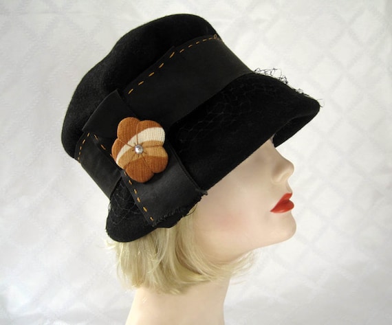 Vintage 20s Cloche Hat / 20s Cloche Hat / Black F