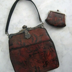 Antique 1918 Handbag / Art Deco Leather Purse / Dyed Leather Handbag & Matching Coin Purse / JEMCO Locking Purse Frame Roses Ruby Glass
