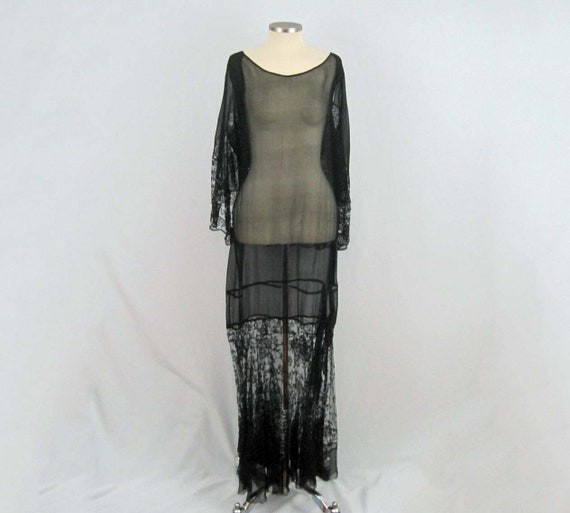 1920s Silk Dress / 20s Tabard Dress / Black Silk C