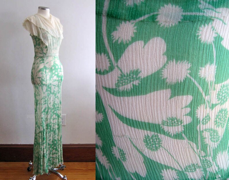 1930s Silk Dress / 30s Maxi Dress / Floral Print Silk Sheath Dress / XXS 