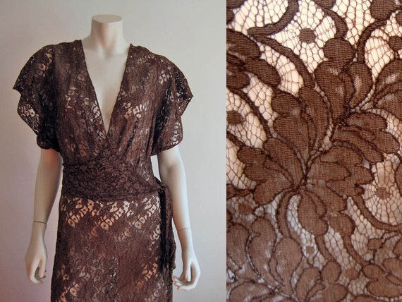 1940s Dress / 40s Gown / Illusion Lace / Brown Cot