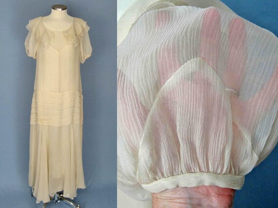 1930s Dress / 30s Silk Dress / Ivory Silk Chiffon