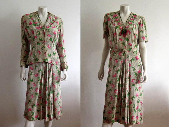 1940s Onondaga Dress / 1940s Novelty Print Silk Dr