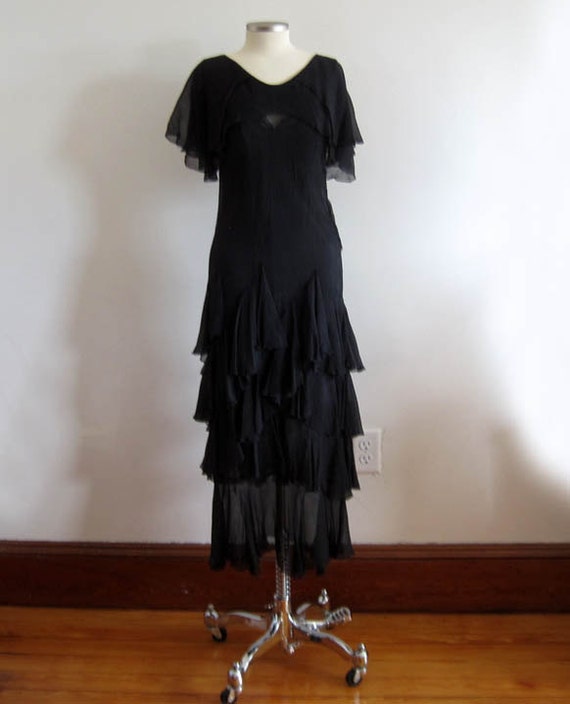 1930s Dress / 30s Silk Dress / Black Silk Chiffon