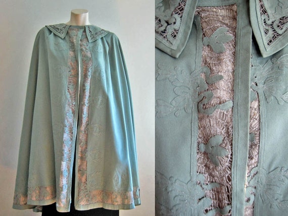 1900s Cape / Edwardian Cape / Blue Wool & Metal La
