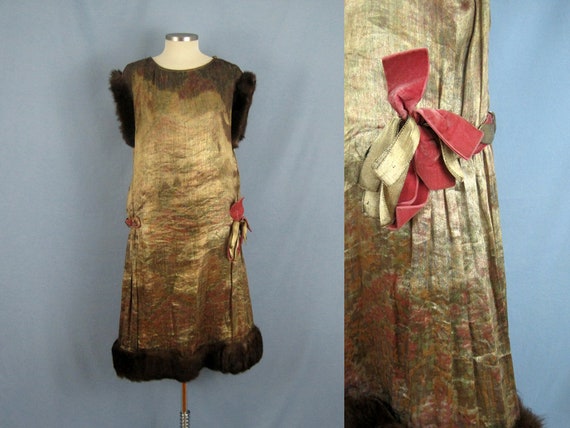 1920s Dress / 20s Gold Metallic Lame Dress / Mink