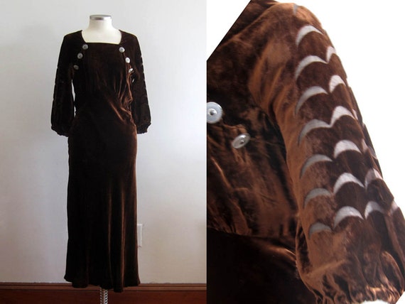 1930s Brown Velvet Gown / 30s Silk Velvet Dress /